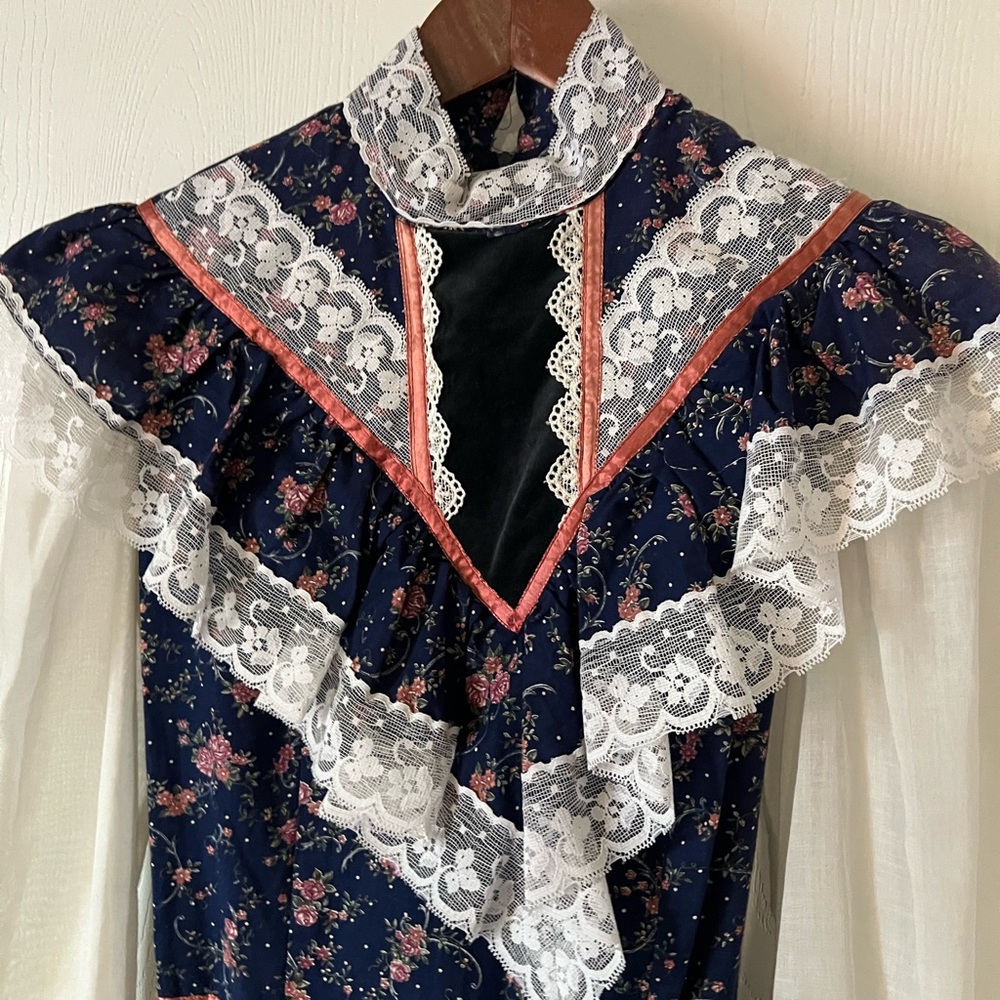 Vintage 1970's Gunne Sax Jessica Prairie Boho Festival Lace Floral Dress Sz 11 - Picture 2 of 8
